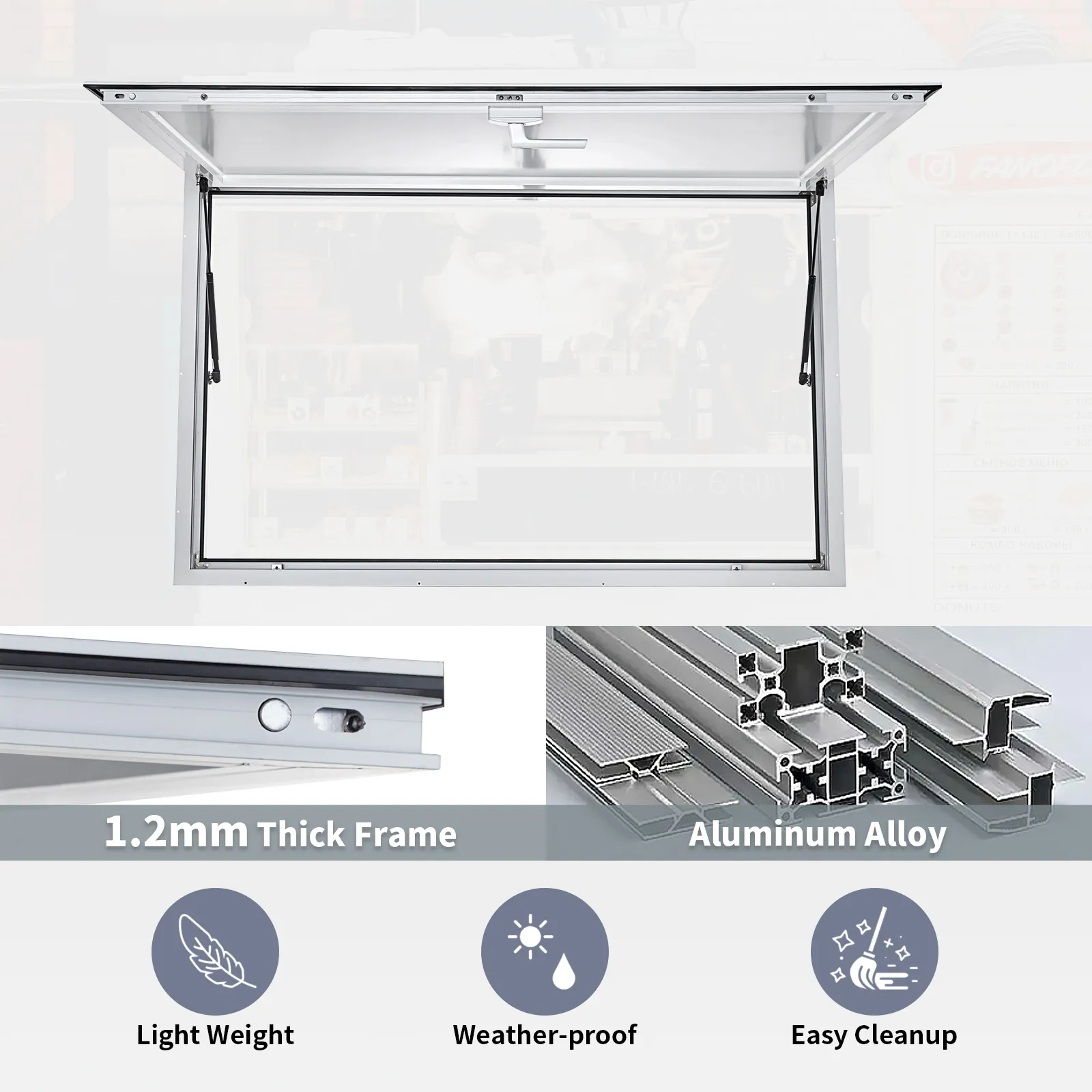 VEVOR concession window with aluminum alloy, 1.2mm thick frame, and weather-proof design.