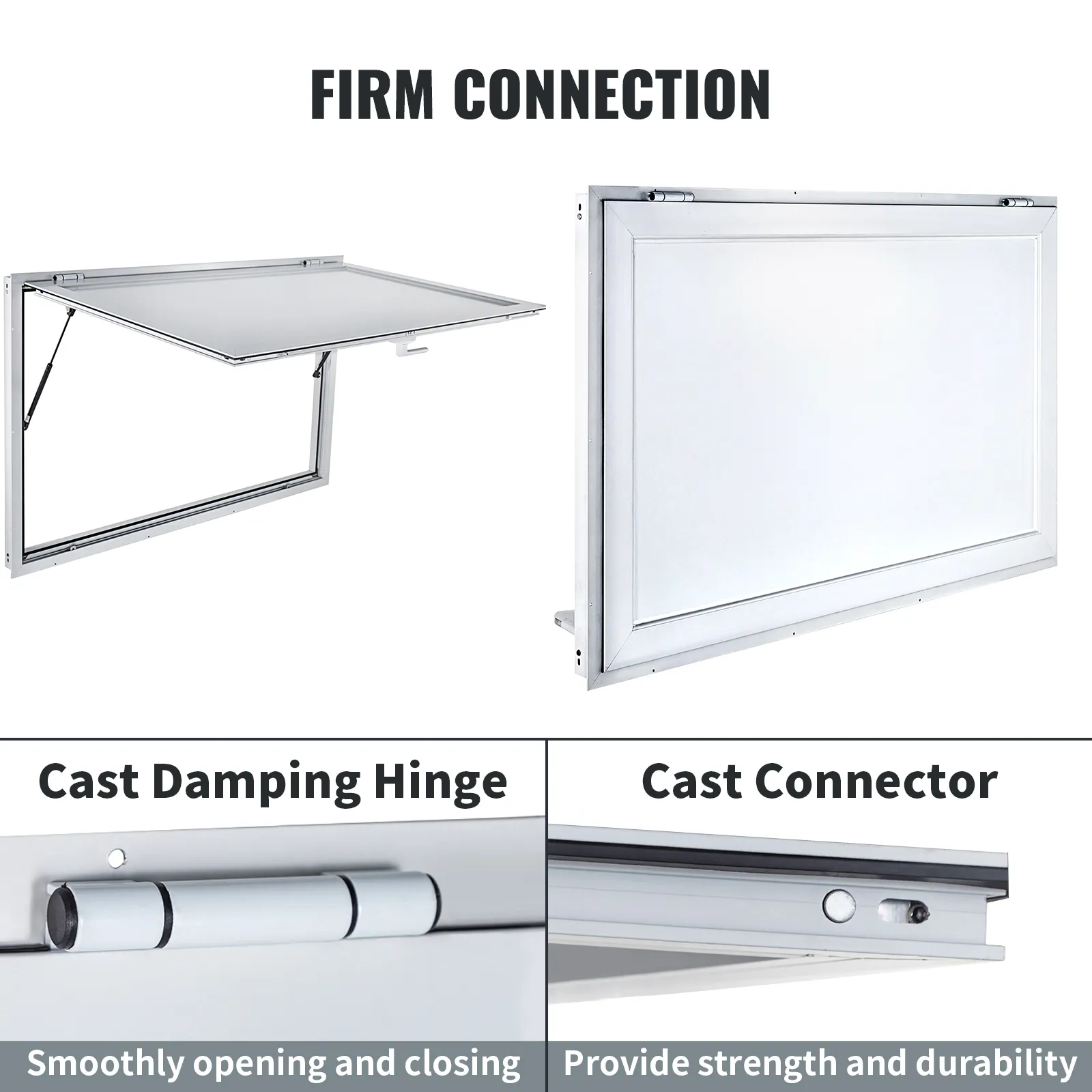VEVOR concession window with cast damping hinge and cast connector for firm connection.