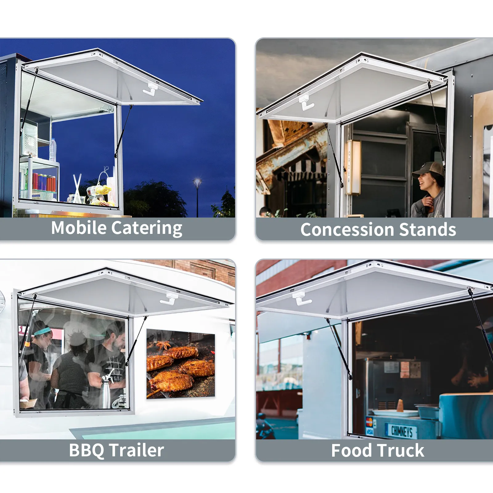 VEVOR concession window used in mobile catering, concession stands, bbq trailers, and food trucks.