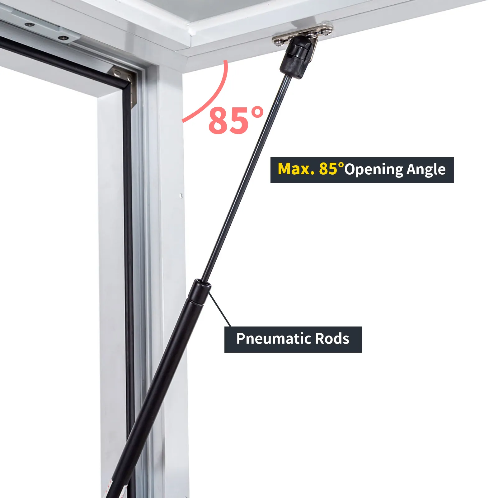 Ventana de concesión VEVOR con varillas neumáticas y ángulo de apertura máximo de 85 grados.