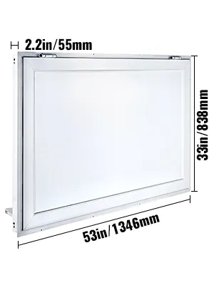VEVOR concession window with dimensions 53in/1346mm by 33in/838mm by 2.2in/55mm.