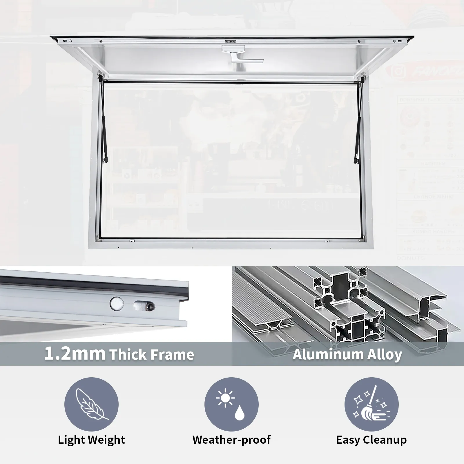 VEVOR concession window: aluminum alloy, 1.2mm thick frame, lightweight, weather-proof, easy cleanup.