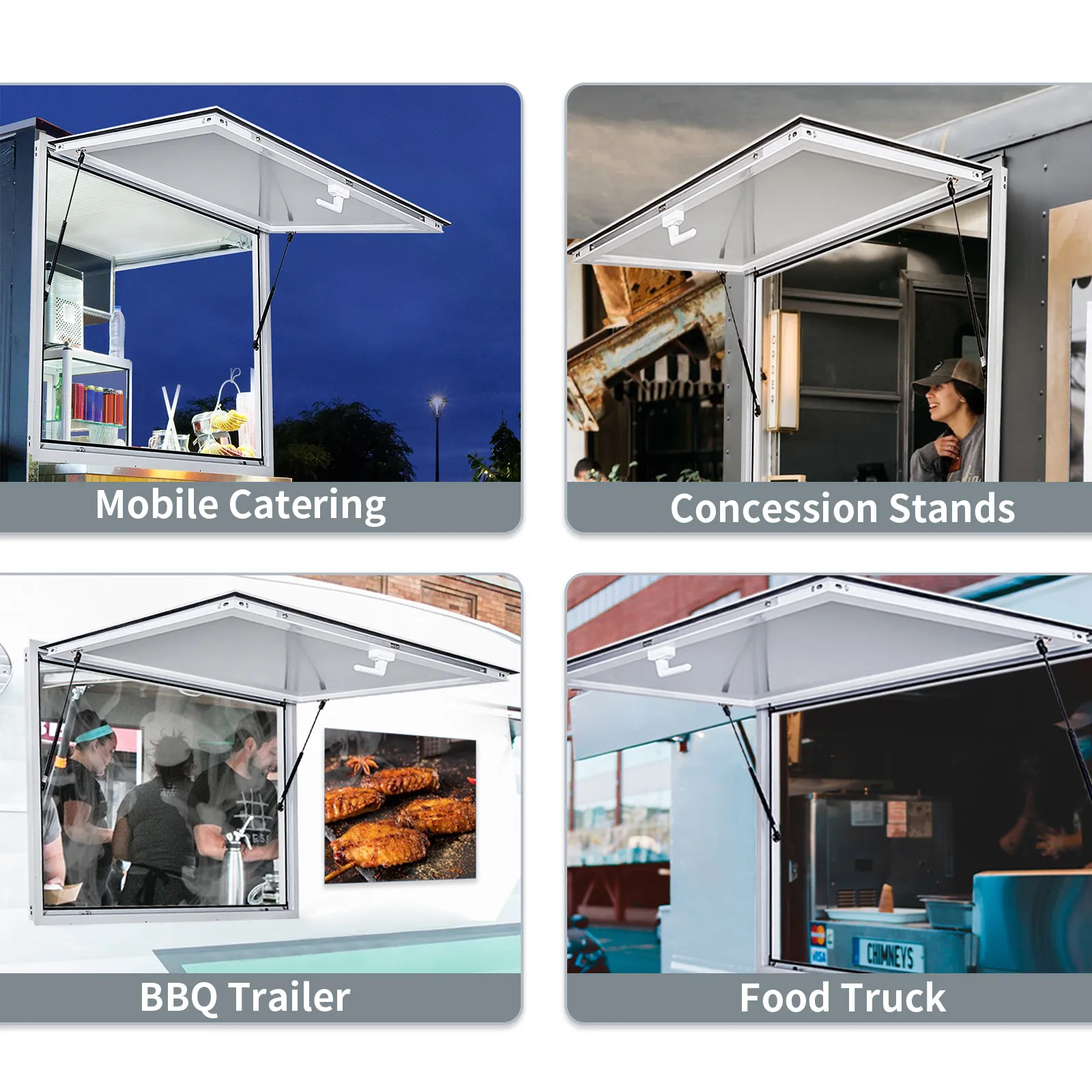 VEVOR concession window applications: mobile catering, concession stands, bbq trailer, food truck.