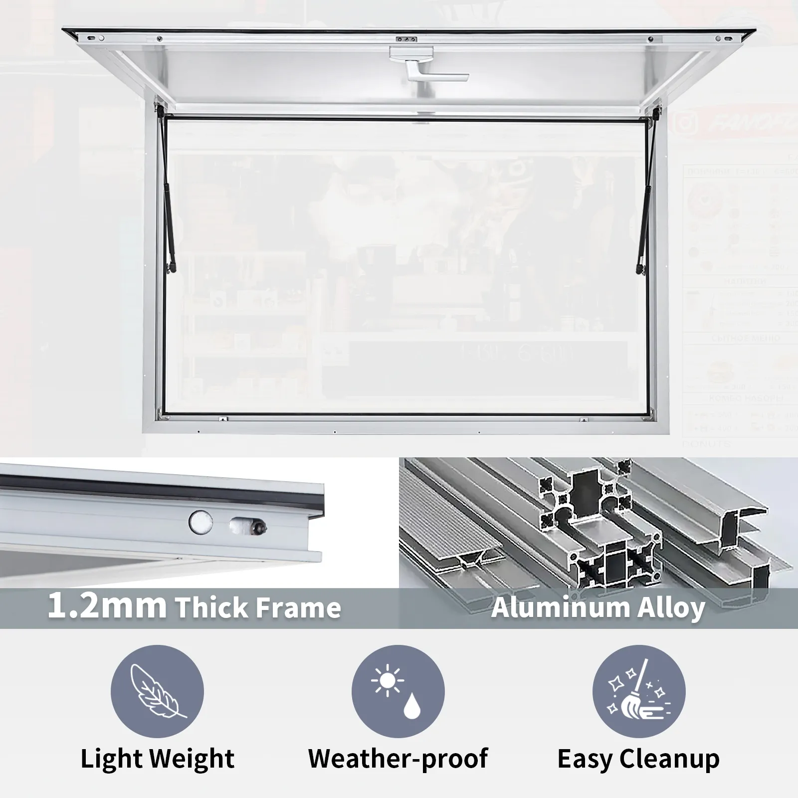 VEVOR concession window, 1.2mm thick aluminum frame, lightweight, weather-proof, easy cleanup.