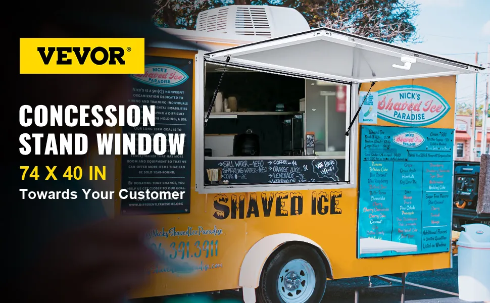 Ventana de concesión de VEVOR en un camión de comida de hielo raspado amarillo en un lugar soleado al aire libre.