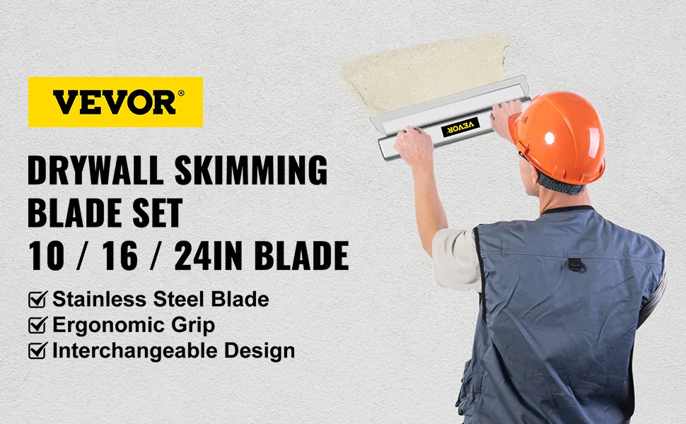 worker using VEVOR skimming blade on drywall, highlighting stainless steel blade and ergonomic grip.