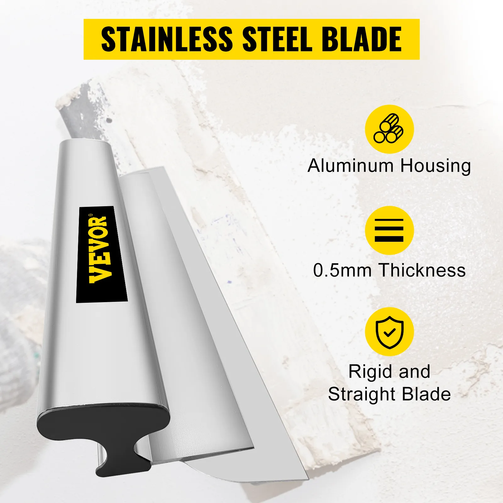 VEVOR skimming blade with aluminum housing, 0.5mm thickness, and rigid, straight blade.