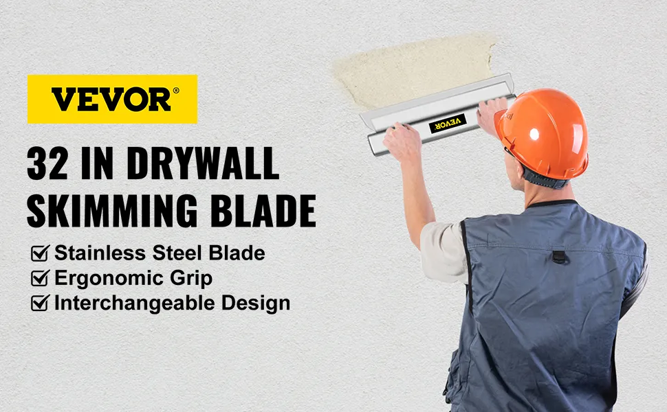 Arbeiter verwendet eine VEVOR-Glättklinge an Trockenbauwänden mit ergonomischem Griff und Klinge aus Edelstahl.