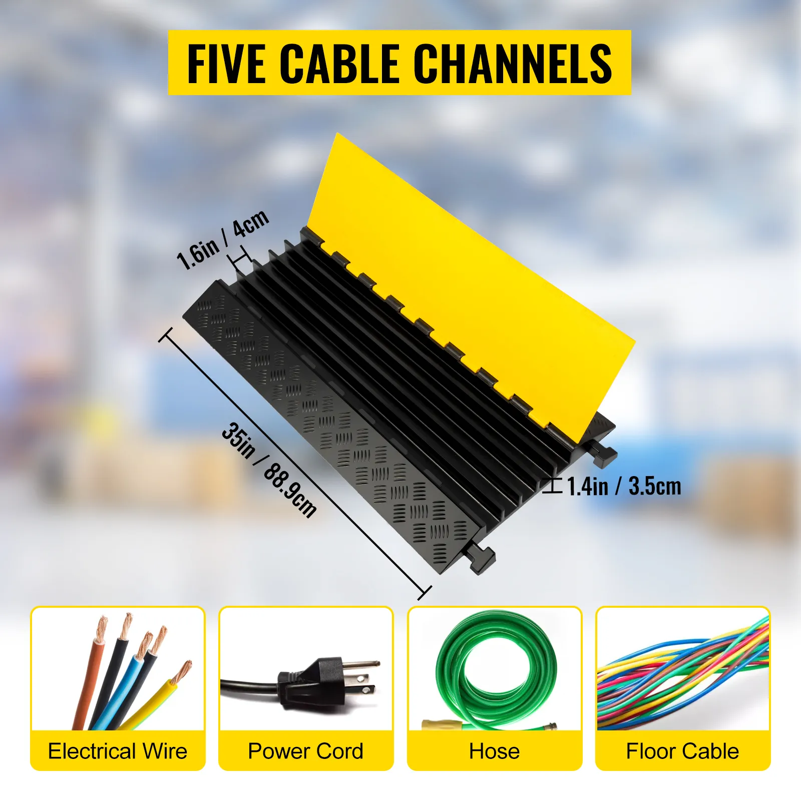 VEVOR 5 channel cable protectors showcasing five cable channels with dimensions.