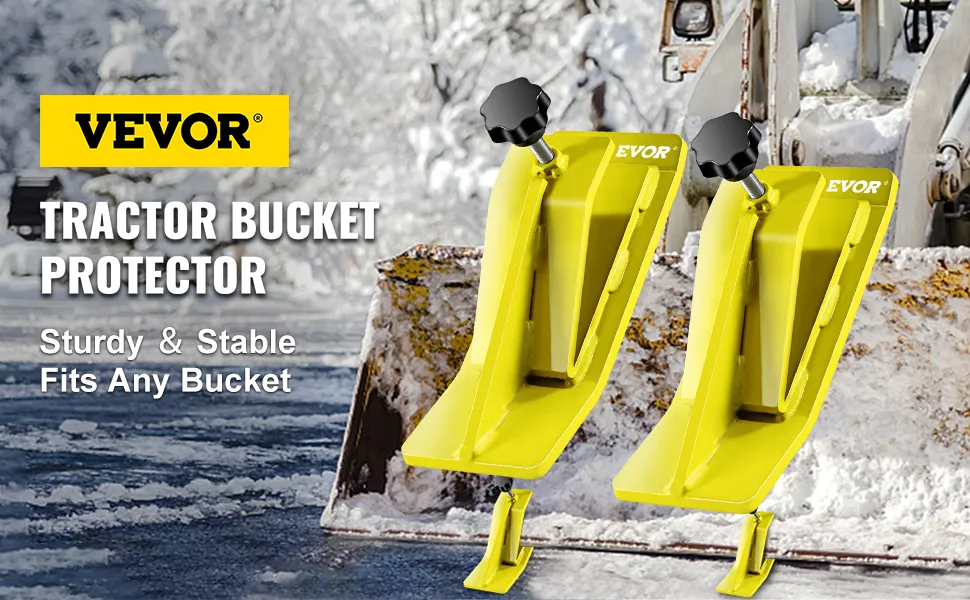 VEVOR tractor bucket protector, sturdy & stable, fits any bucket, yellow background.