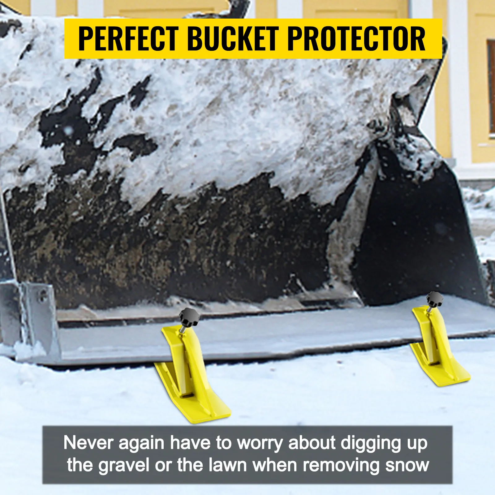 VEVOR tractor bucket protector in snowy driveway with yellow bucket protectors.