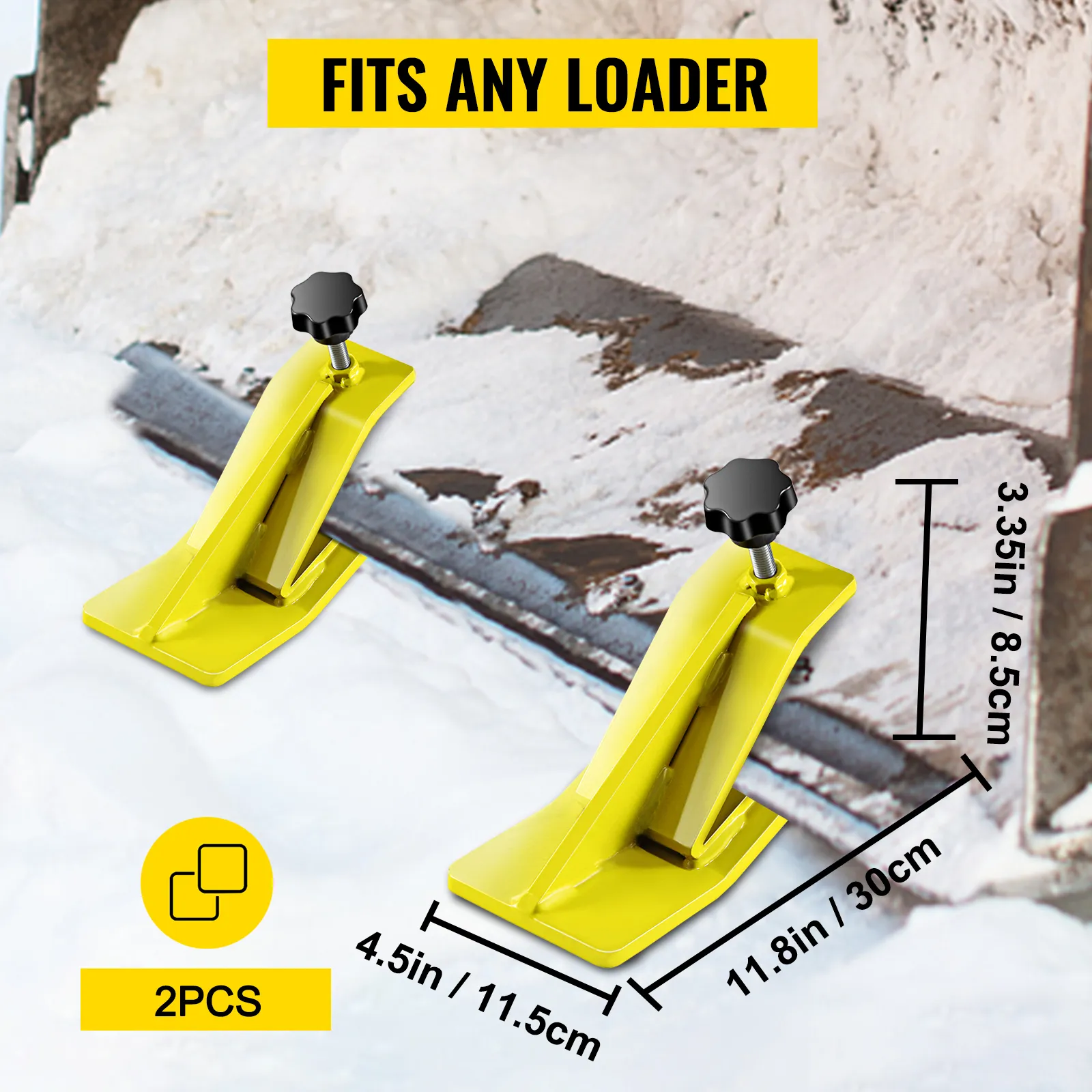 VEVOR tractor bucket protector, yellow, fits any loader, 2pcs, dimensions shown.