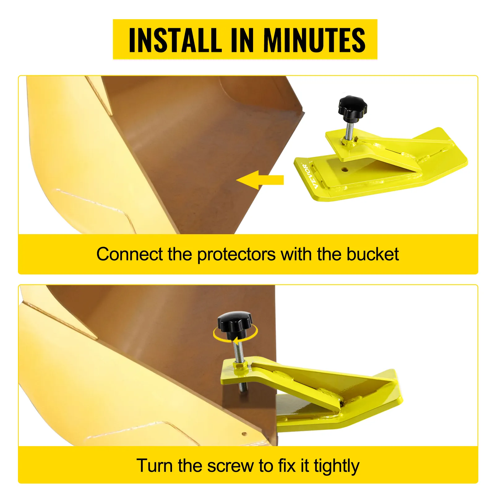 VEVOR tractor bucket protector installation guide. attach and secure with a screw.