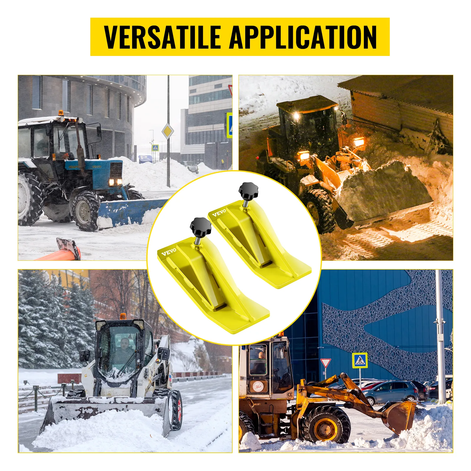 VEVOR tractor bucket protector used in various snow clearing applications.