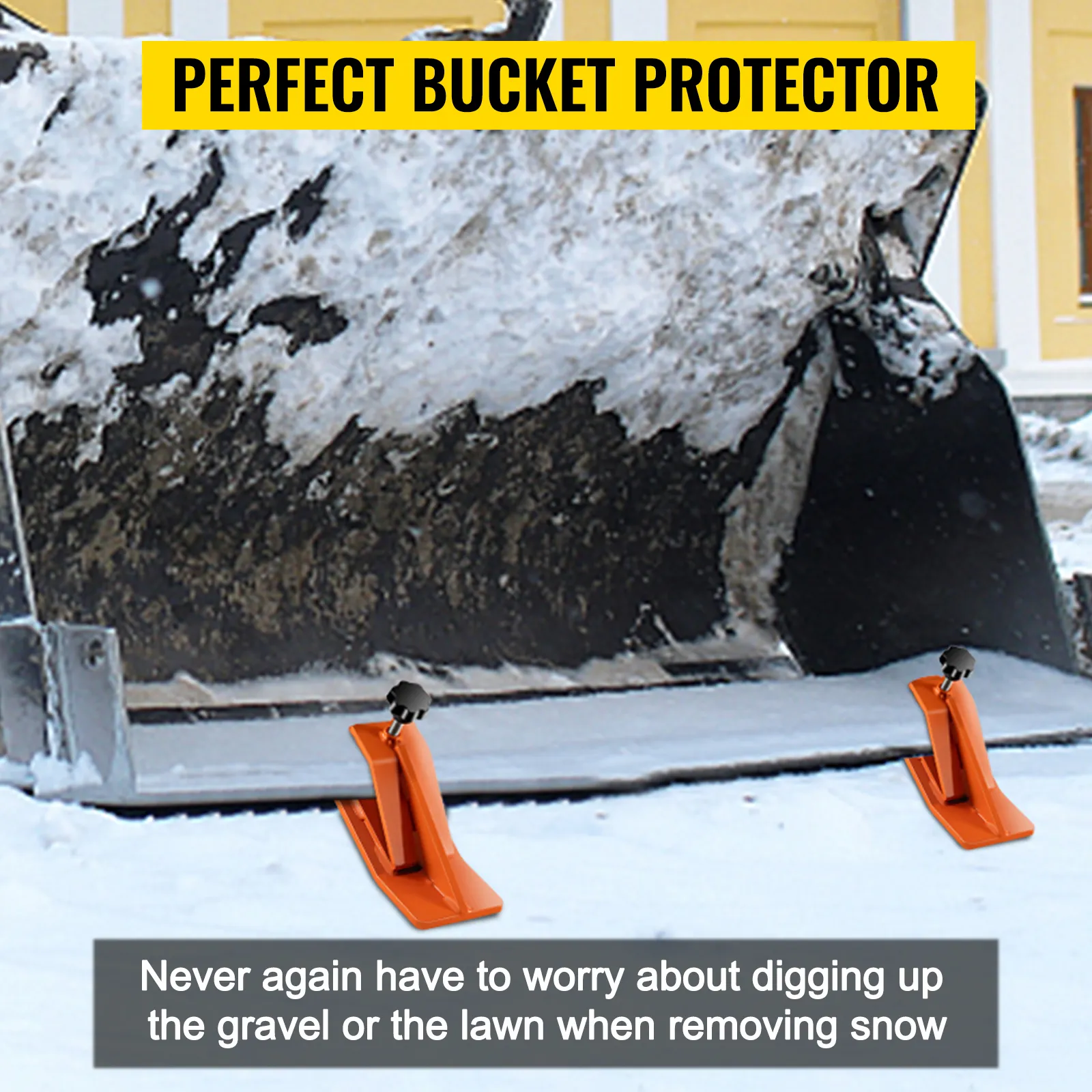 VEVOR tractor bucket protector on snowy tractor bucket in front of yellow building.