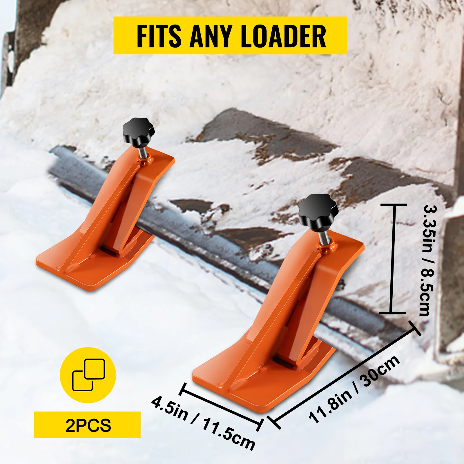 VEVOR tractor bucket protector, fits any loader, 2pcs, orange, dimensions displayed.