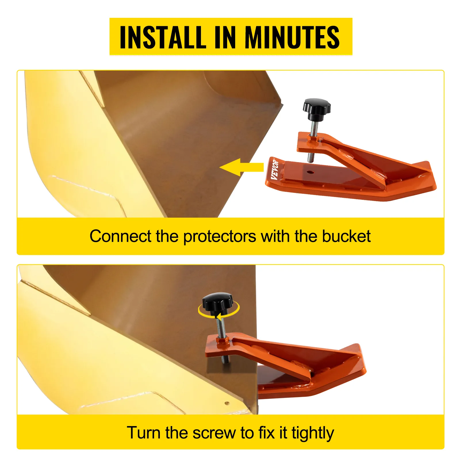 VEVOR tractor bucket protector installation steps: connect to bucket, tighten the screw.