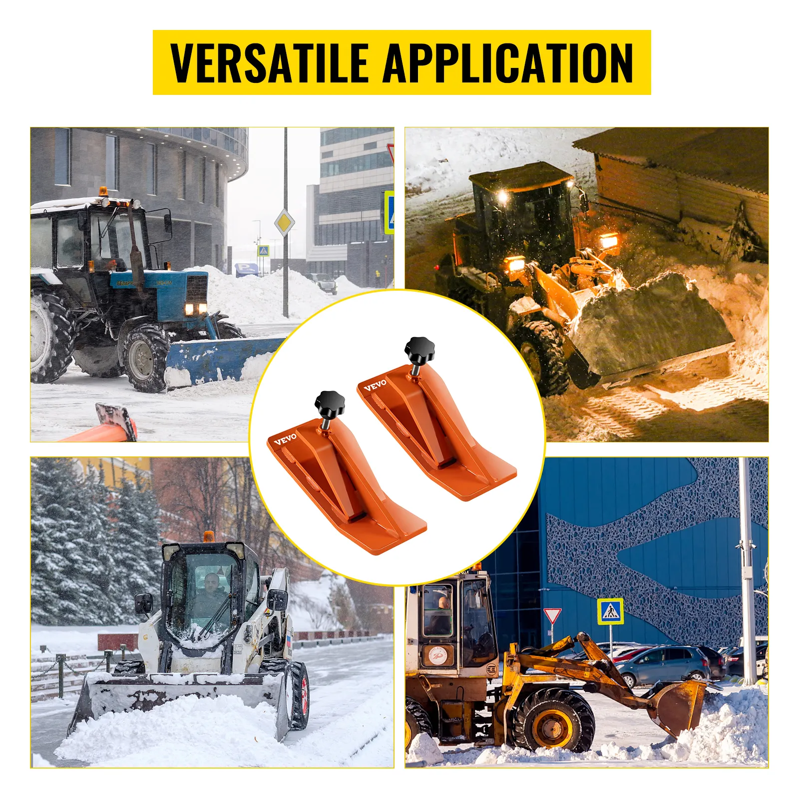 VEVOR tractor bucket protector for efficient snow removal in various urban settings.