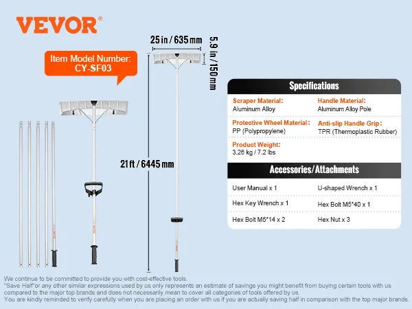 VEVOR snow roof rake with aluminum alloy scraper, 25in blade, tpr handle grip, and included accessories.