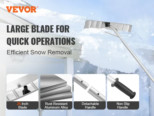 VEVOR snow roof rake with 25-inch rust-resistant blade, detachable handle, and non-slip grip.