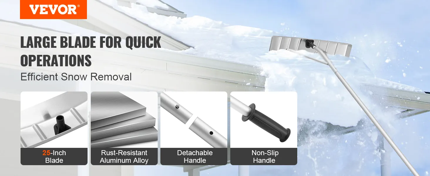 VEVOR snow roof rake with 25-inch rust-resistant blade, detachable handle, and non-slip grip.