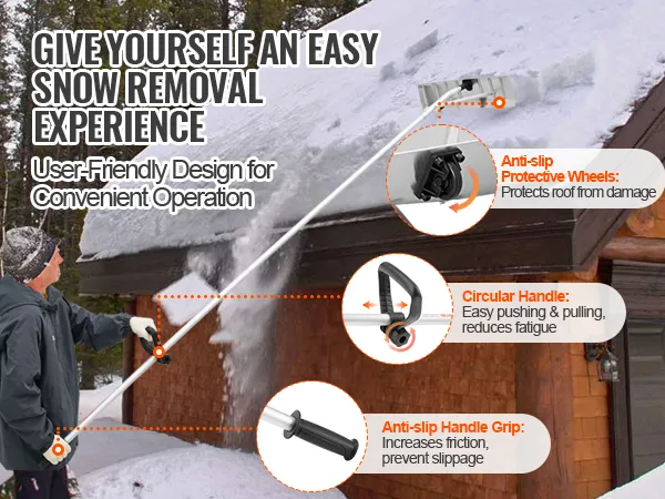person using VEVOR snow roof rake with anti-slip wheels, circular handle, and grip for snow removal.