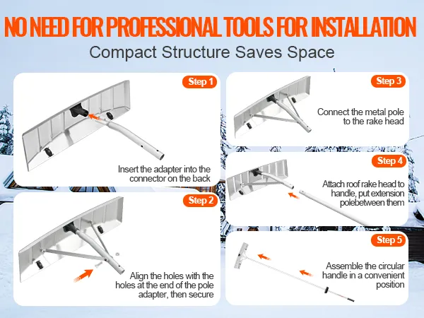 VEVOR snow roof rake installation steps: insert, align holes, connect pole, attach head, assemble handle.
