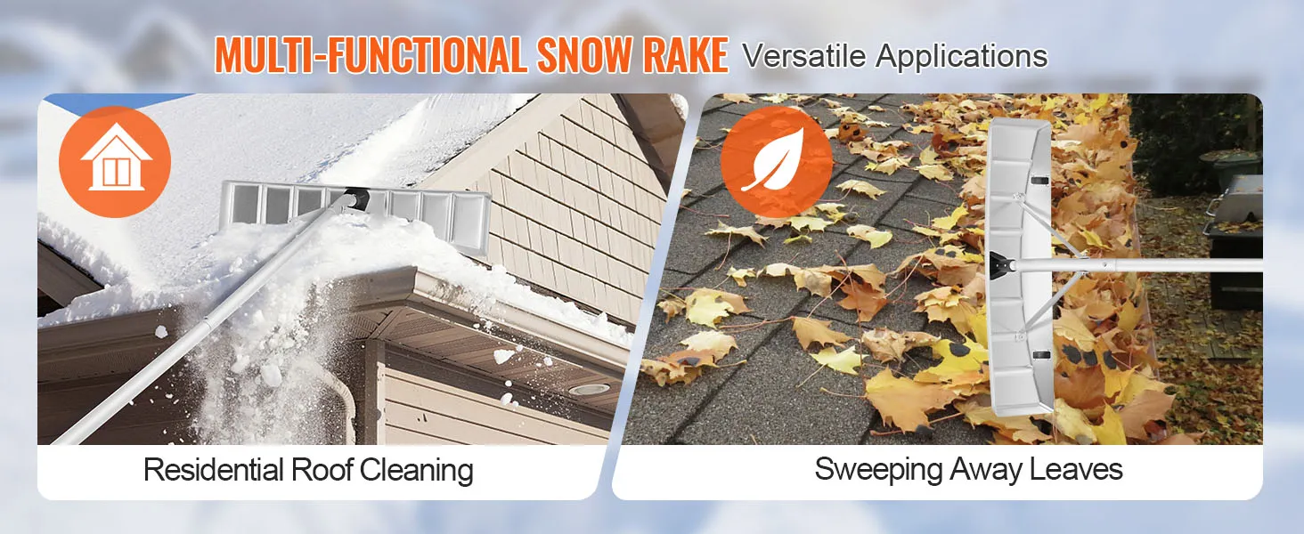 VEVOR snow roof rake for residential roof cleaning and sweeping away leaves, versatile applications.