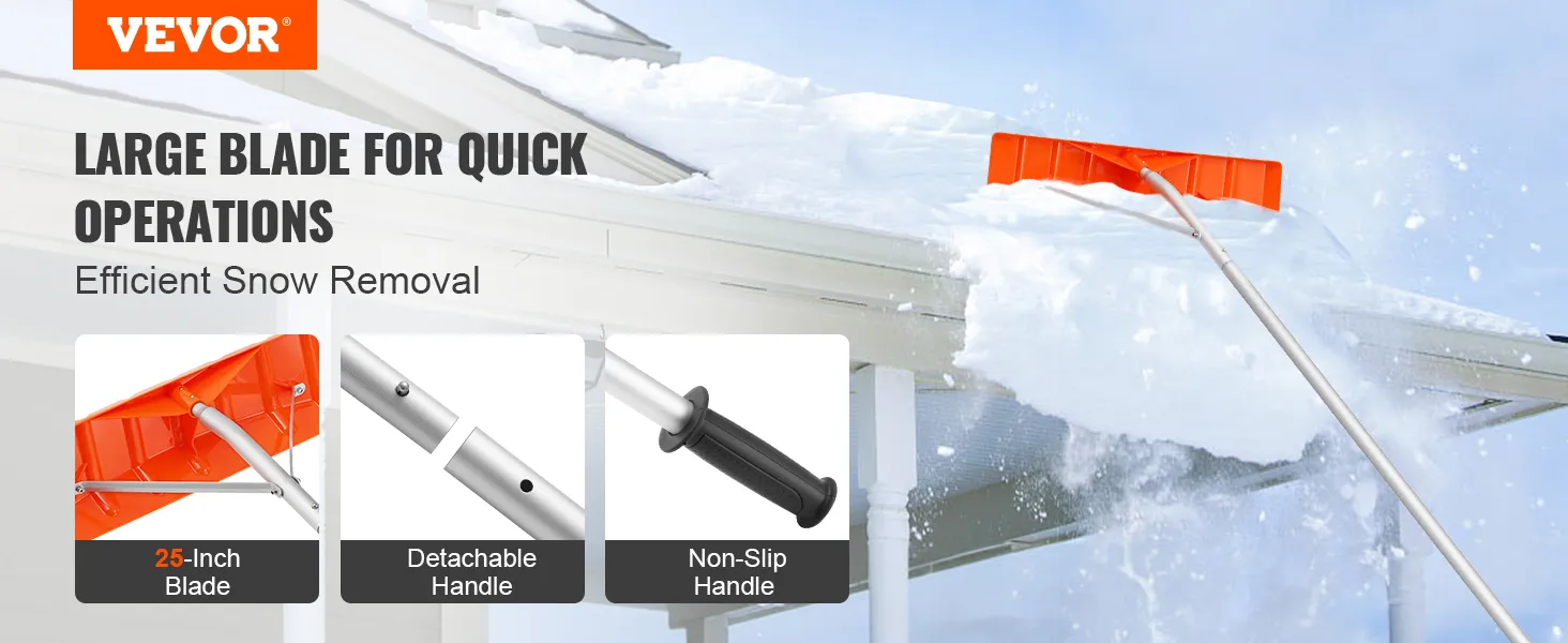 VEVOR snow roof rake with 25-inch blade, detachable handle, and non-slip grip for efficient snow removal.