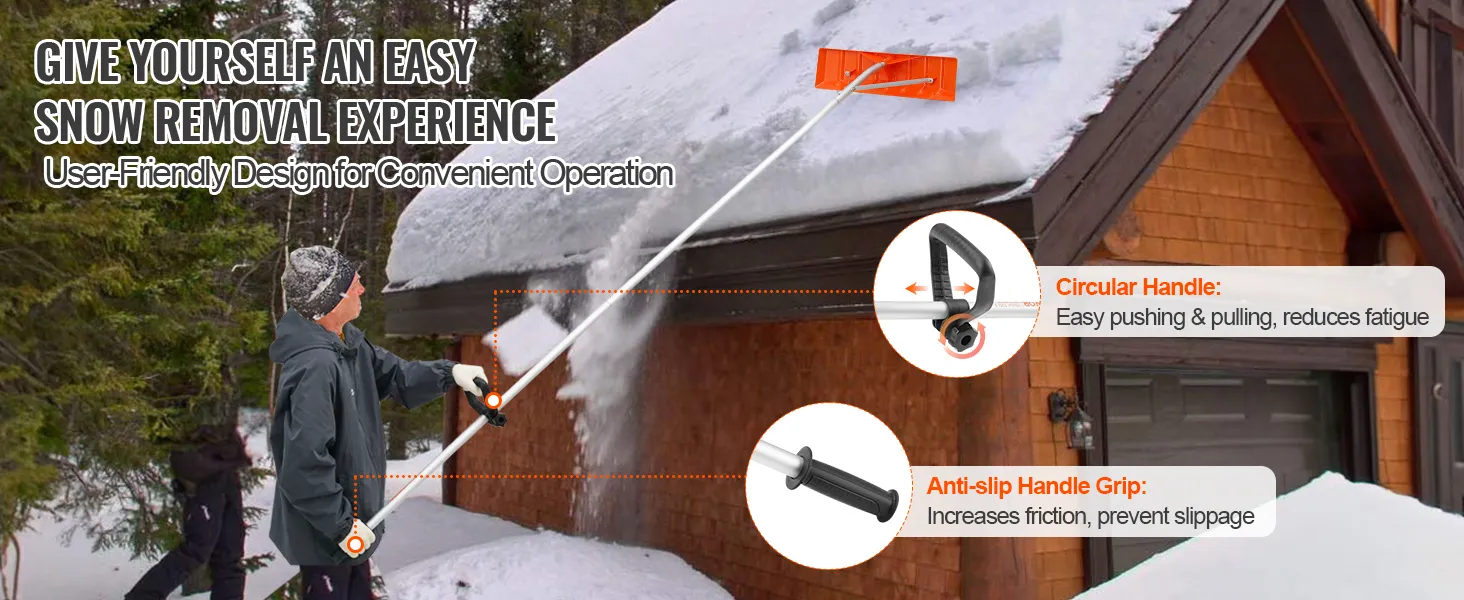 Con el rastrillo quitanieves VEVOR, una persona puede quitar la nieve del techo de una casa con facilidad y comodidad.