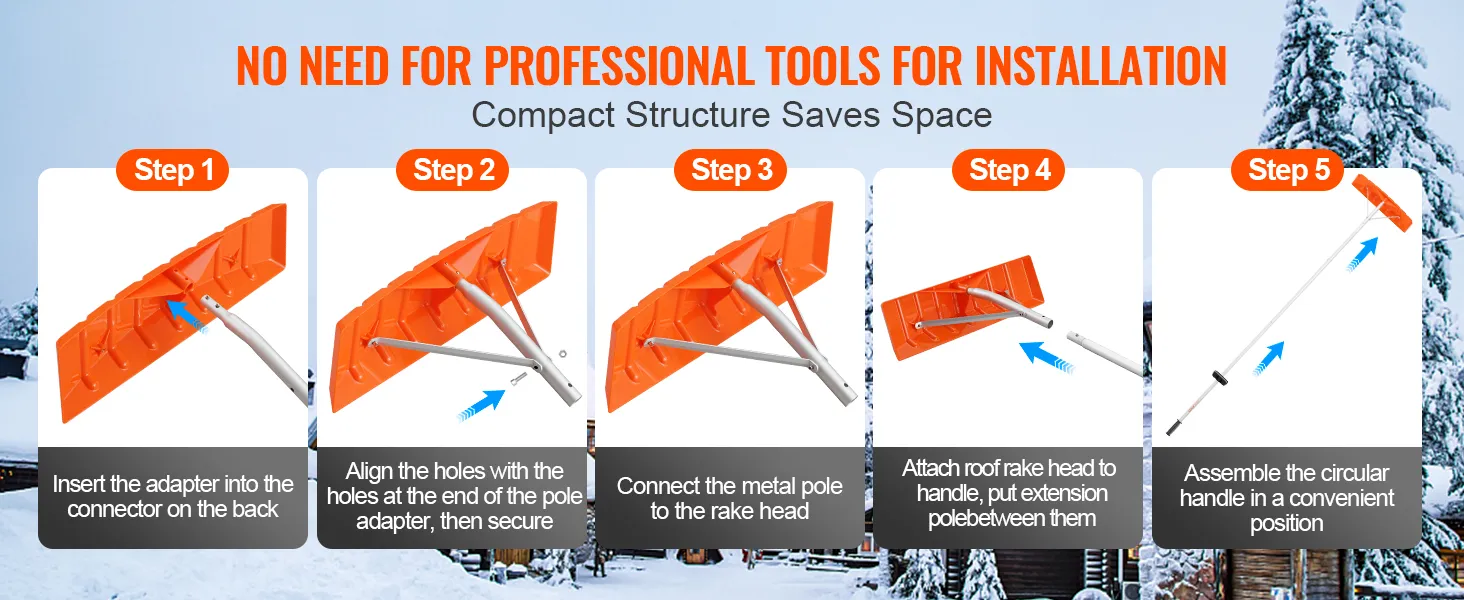 steps to assemble VEVOR snow roof rake: insert adapter, align holes, connect pole, attach head, assemble handle.