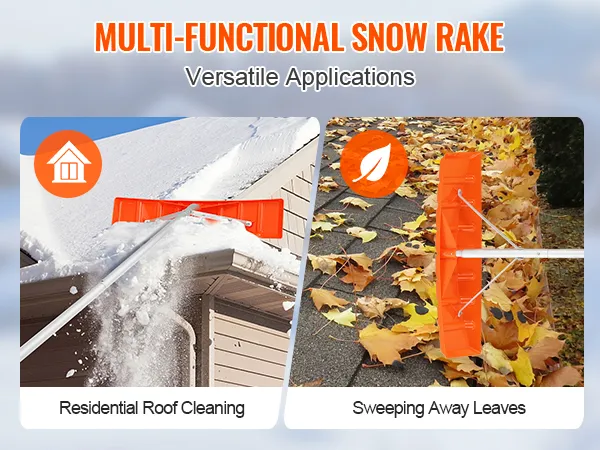 Rastrillo para nieve VEVOR utilizado para limpiar techos residenciales y barrer hojas.