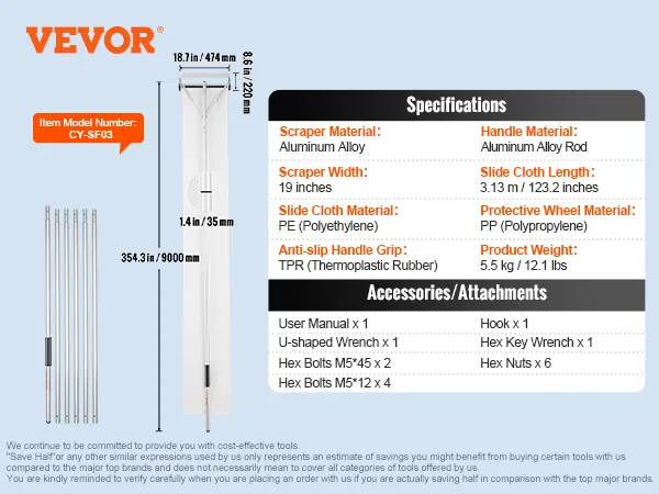 VEVOR snow roof rake, aluminum alloy handle and scraper, pe slide cloth, accessories included.