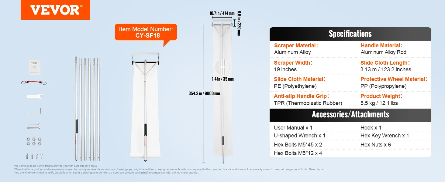 VEVOR snow roof rake, aluminum alloy handle and scraper, pe slide cloth, accessories included.