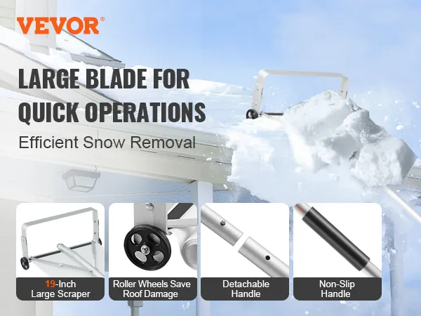 VEVOR snow roof rake with large blade, roller wheels, detachable handle, and non-slip grip for efficient removal.