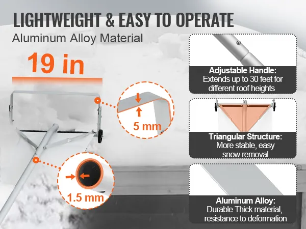 VEVOR snow roof rake with 19-inch blade, aluminum alloy, adjustable handle up to 30 feet.