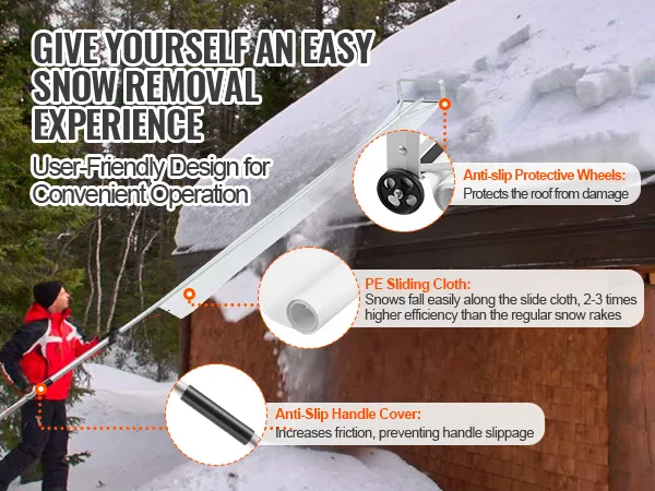 user using VEVOR snow roof rake with anti-slip wheels, sliding cloth, and anti-slip handle for easy snow removal.