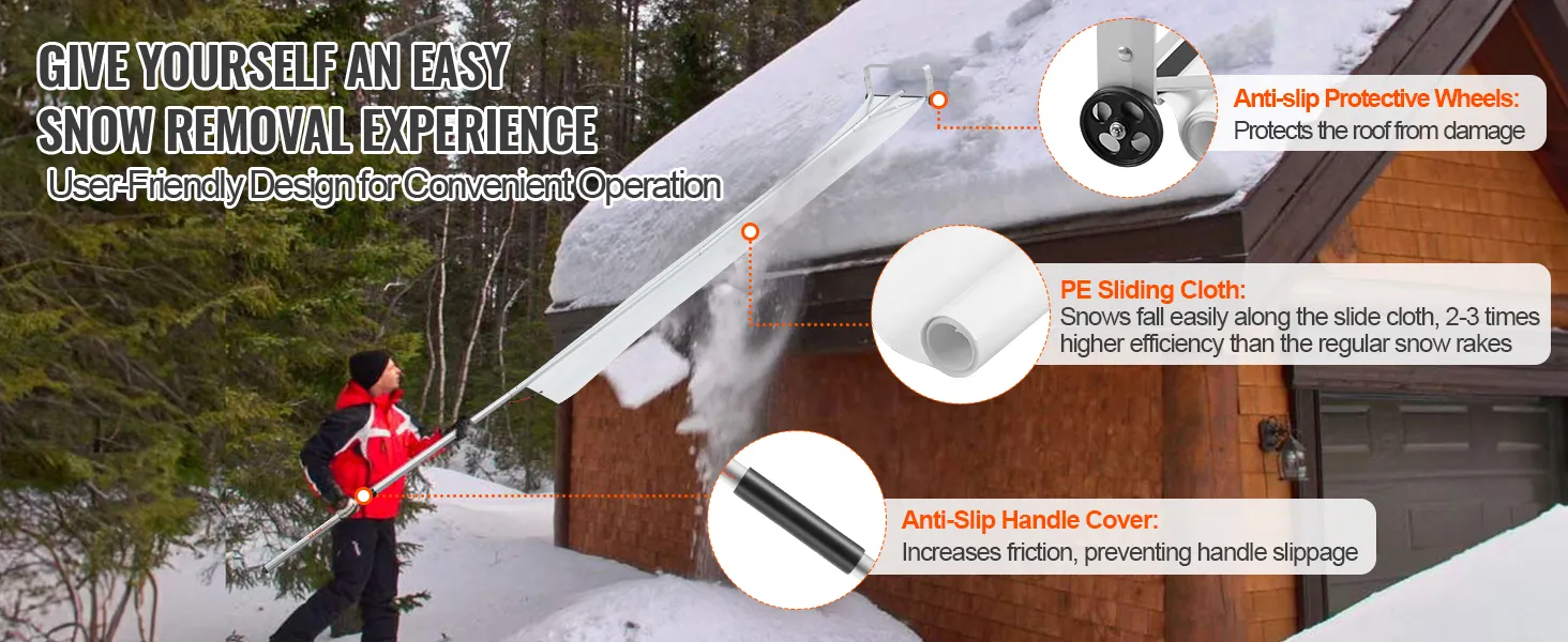 user using VEVOR snow roof rake with anti-slip wheels, sliding cloth, and anti-slip handle for easy snow removal.