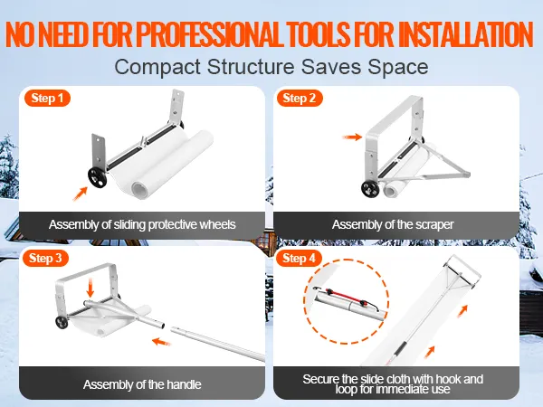 steps to assemble VEVOR snow roof rake with sliding wheels, scraper, handle, and slide cloth.
