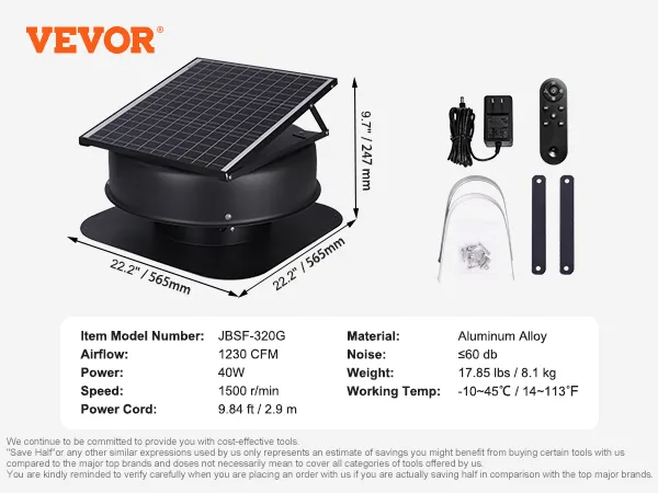 VEVOR solar attic fan jbsf-320g, 22.2"x22.2"x9.7", 1230 cfm, 40w, aluminum, 17.85 lbs, -10~45°c.
