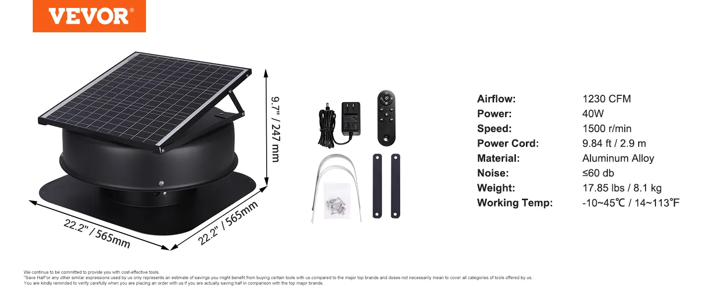 VEVOR solar attic fan jbsf-320g, 22.2"x22.2"x9.7", 1230 cfm, 40w, aluminum, 17.85 lbs, -10~45°c.