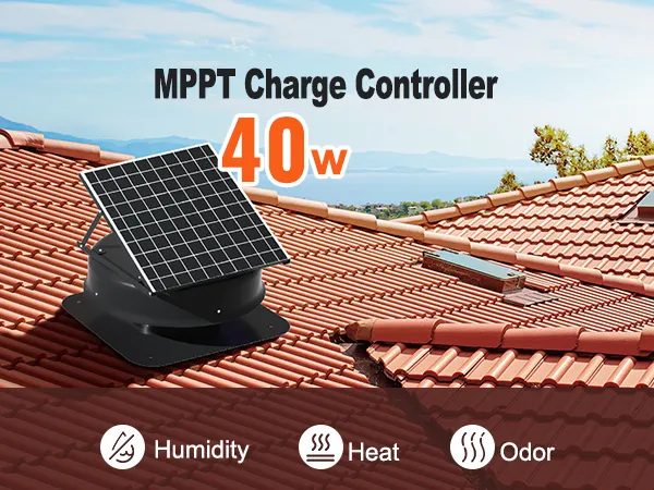 VEVOR solar attic fan on red tiled roof with 40w mppt charge controller, reducing humidity, heat, and odor.
