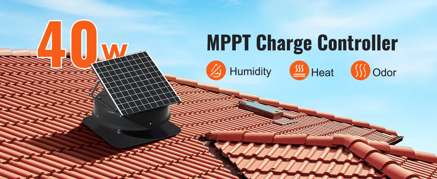 VEVOR solar attic fan on red tiled roof with 40w mppt charge controller, reducing humidity, heat, and odor.
