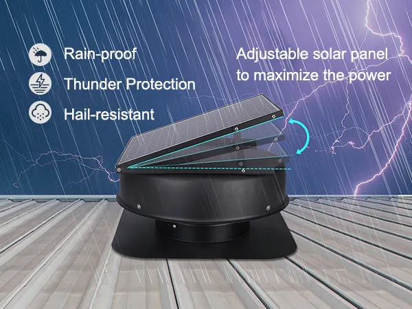 VEVOR solar attic fan with adjustable solar panel, rain-proof, thunder protection, and hail-resistant.