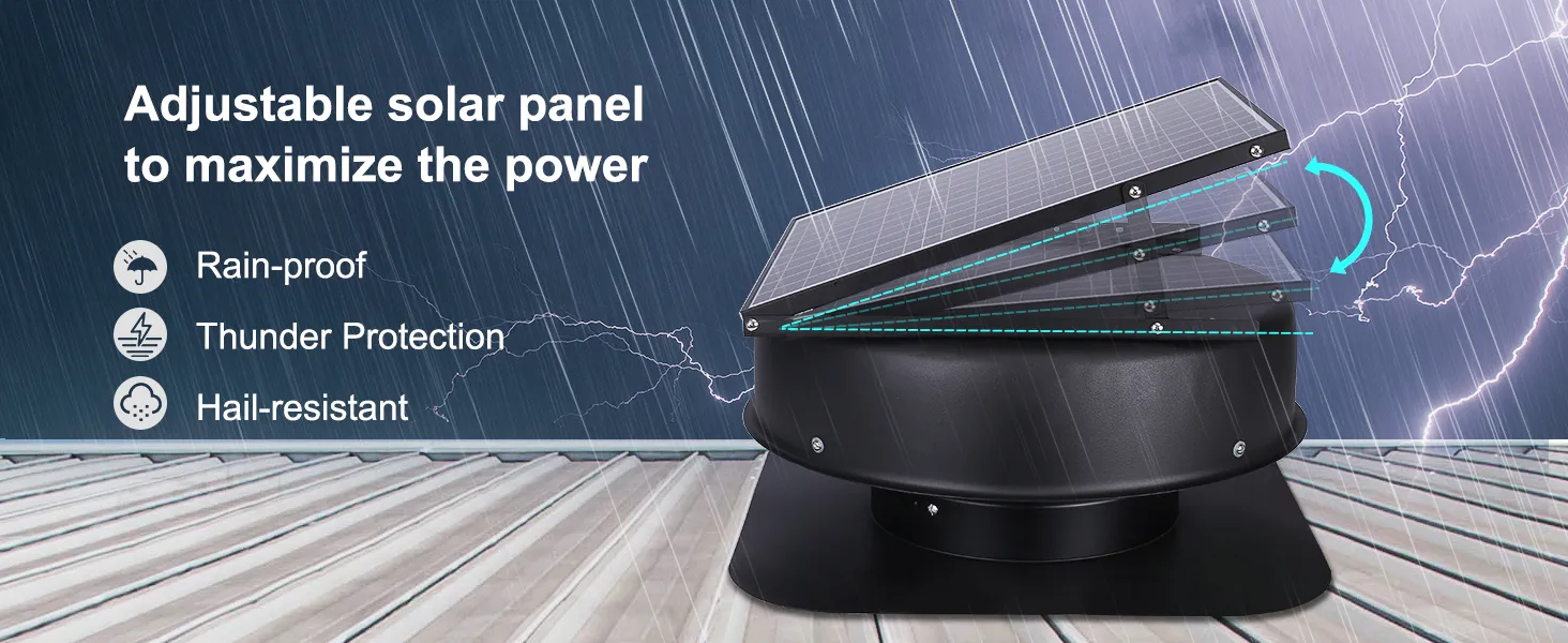 VEVOR solar attic fan with adjustable solar panel, rain-proof, thunder protection, and hail-resistant.