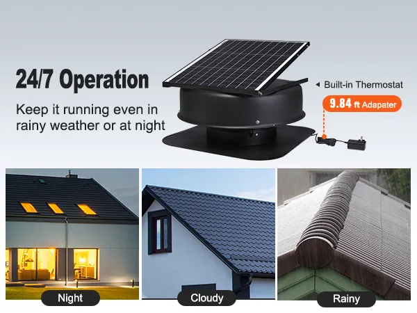 VEVOR solar attic fan with built-in thermostat operates 24/7 in rainy, night, or cloudy conditions.