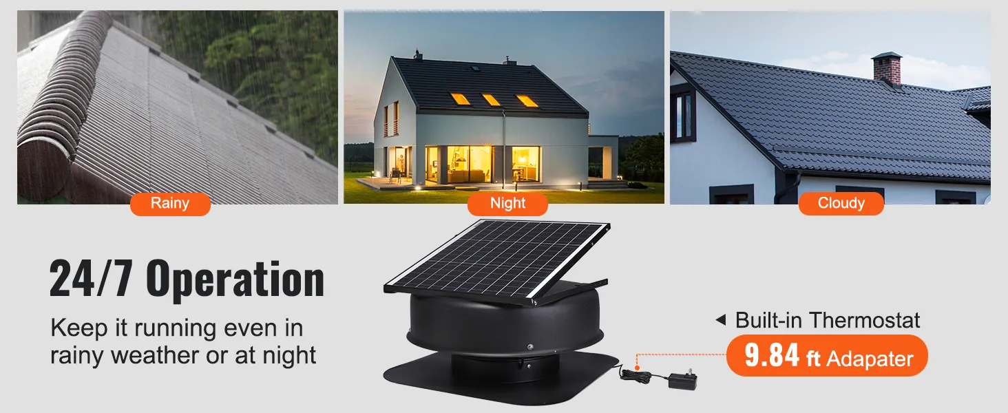 VEVOR solar attic fan with built-in thermostat operates 24/7 in rainy, night, or cloudy conditions.