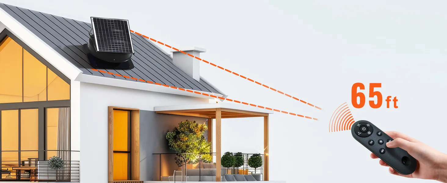 house with VEVOR solar attic fan on roof and remote control signal range of 65 feet.