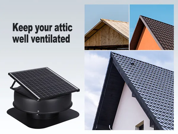 VEVOR solar attic fan next to various roof styles; text says, "keep your attic well ventilated".