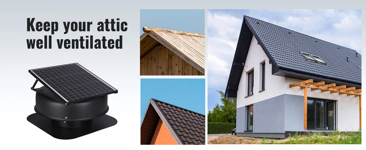 VEVOR solar attic fan next to various roof styles; text says, "keep your attic well ventilated".